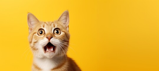 Portrait of a cheerful cat on a yellow background with copy space