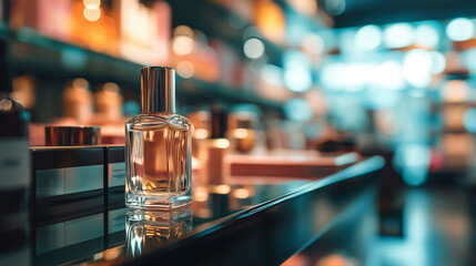 Elegant perfume bottle in perfumery window, fragrance allure - obrazy, fototapety, plakaty