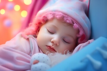 baby sleeping in crib, dream quality style, calming effect, pastel color style, high quality, stereoscopic photography, uhd image, special nose