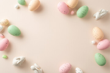 Easter charm arrangement unfolds in this top-view snapshot. Classic quail eggs, a sweet ceramic bunnies on a pastel beige canvas with frame for your text or promotion