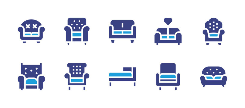 Sofa icon set. Duotone color. Vector illustration. Containing sofa, armchair, couch, chaise longue.