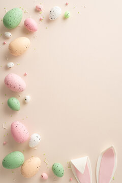 Festive Egg Ensemble: Top view vertical image featuring festive Easter eggs, bunny ears, and confectionery sprinkles on a pastel beige surface—perfect for text or promotional messages