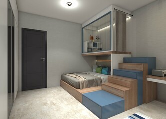 Kids' Bedroom Design with Mezzanine and Staircase Compartment