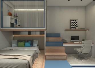 Interior Bedroom Design with Mezzanine, Staircase Compartment and Kids' Desk