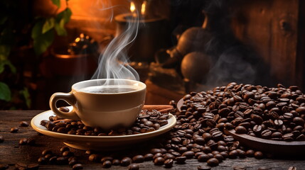 Mug on plate filled with coffee surrounded by coffee beans, cup of coffee.  Generated AI.