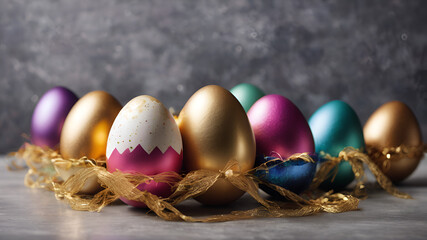 Fototapeta na wymiar Brightly painted easter eggs composition on white embossed background,Religious, Christian, Decorative, Artistic, Art, Close-up