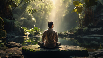 Reflective Meditation in a Peaceful Setting Illuminated by a Heavenly Light from Above"