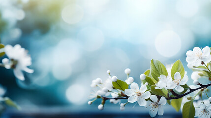 Spring blooming branch with white flowers on blue bokeh background