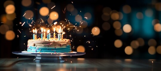 Bright birthday cake with candles with copy space