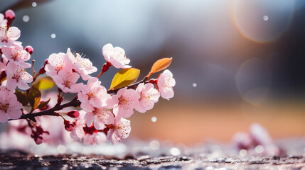 Beautiful cherry blossom flowers on bokeh background with copy space