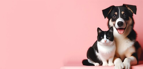 A black and white dog and a black and white cat sit together on a pink background., generative ai