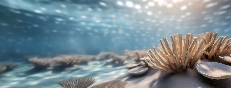 Fragile Ecosystem: Sunlight Filters Through Dying Coral Reef on ocean floor. Underwater view of bleached corals, a stark reminder of ecological vulnerability and the need for environmental protection.