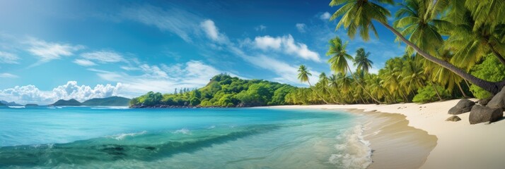 A panoramic view of a tropical beach with turquoise waters and palm trees  - obrazy, fototapety, plakaty