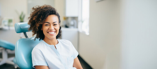 Radiant smiles of a woman at the dentist with copy space