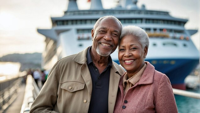 Elderly Black Couple Smiling In Front Of A Cruise Ship, Radiating Happiness And Shared Adventure, With A Warm And Inviting Vacation Atmosphere.