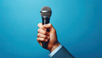 hand firmly holding a microphone on blue background