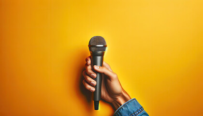  hand firmly holding a microphone on yellow background