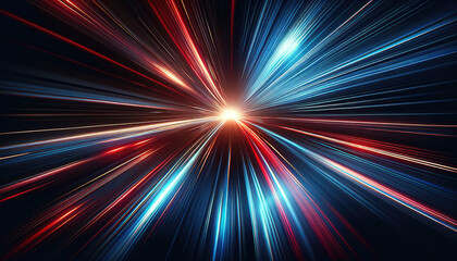 abstract light streaks in red and blue of rapid movement towards - obrazy, fototapety, plakaty