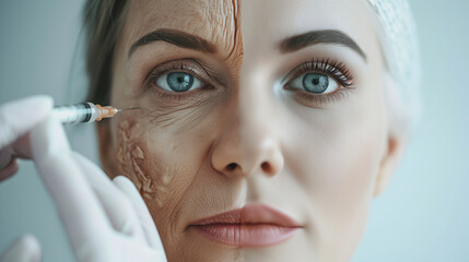 Youthful transformation: Split-face woman, skin injection