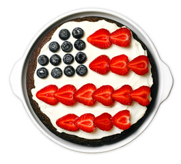 USA Flag Cake, Patriotic 4th of July Dessert, Brownie Decorated with Berries and Cream Cheese, Creative Food