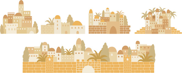 Set of ancient  biblical city buildings separate elements . Decoration for museum events flyers,  illustration, children bible,greeting cards,holiday events, print - obrazy, fototapety, plakaty