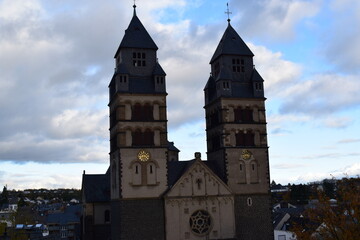 church twin towers in evening light