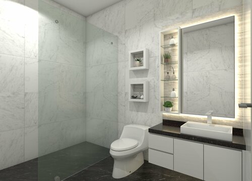 Modern Bathroom Design with Minimalist Washbasin Cabinet and Mirror Display Decoration