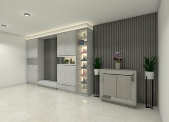 Modern Hallway Cabinet and Display Design with White Furnish
