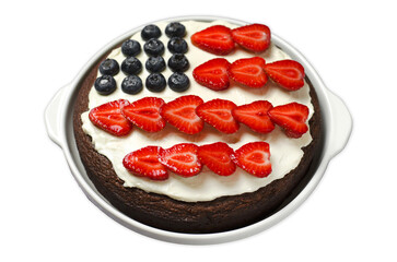 USA Flag Cake, Patriotic 4th of July Dessert, Brownie Decorated with Berries and Cream Cheese, Creative Food