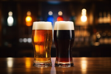 Two glasses with fresh light and dark craft foamy beer. Generative AI