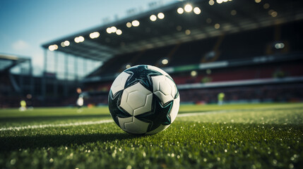 Pallone da calcio sull'erba di un campo da calcio di uno stadio all'imbrunire con luci accese - obrazy, fototapety, plakaty