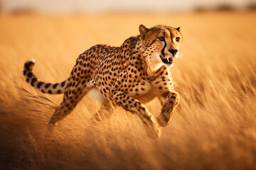 Fototapeta premium Cheetah fast running in field. Generative AI