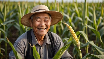 Fotobehang Joyful Asian farmer holding fresh corn in a field, with a wide smile and traditional hat, exemplifying rural agriculture. © Tom