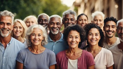 Smiling diverse seniors group outdoors in daylight, showing happiness and camaraderie with a city background.