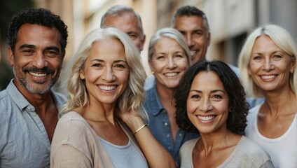 Group portrait of diverse, mature adults smiling outdoors, with a focus on joyful expressions and casual attire.