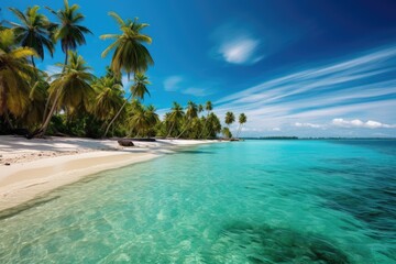 A panoramic view of a tropical beach with turquoise waters and palm trees 