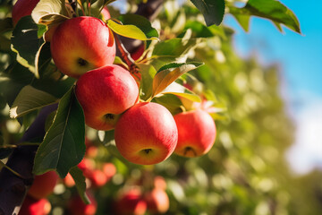 Obraz premium Apples ripening on tree on sunny day. Generative AI