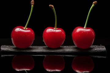 Wet cherries with reflection in water. Generative AI
