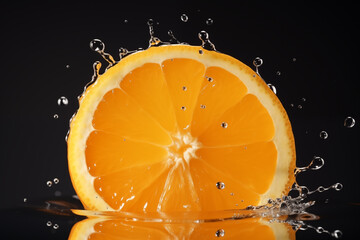 Slice of orange slice in splashing water. Generative AI