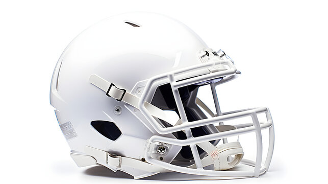 A generic white football helmet designed for American football, showing safety and protection during the game, isolated on a white background
