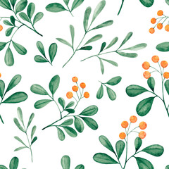 Watercolor twigs with yellow berries and green leaves on a white background. Seamless pattern.
