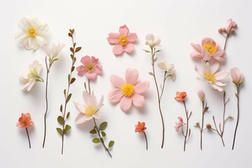 five flowers are shown arranged neatly on a white background - obrazy, fototapety, plakaty