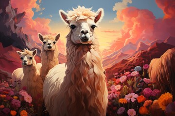 Llama animal outdoor on the colorful meadow, art - obrazy, fototapety, plakaty