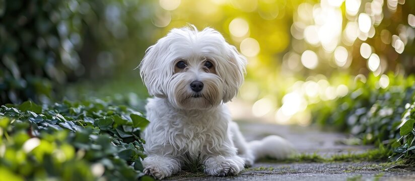 Cute white Havanese dog sitting in a green garden, centered on screen.