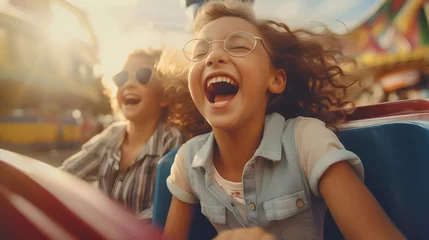 Fotobehang Happy kids enjoying a thrilling, high-speed ride at an amusement park © Trendy Graphics