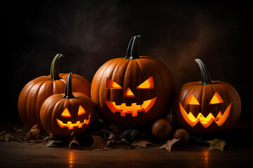 Halloween pumpkins with carved glowing faces. Generative AI