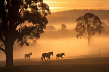 Fototapeta na wymiar Herd of horses walking in fog early morning. Generative AI