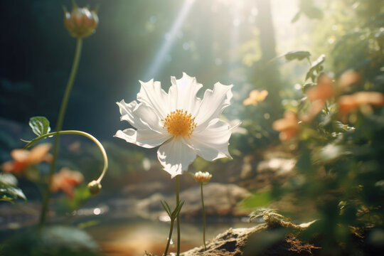 a white flower with sun light surrounding it
