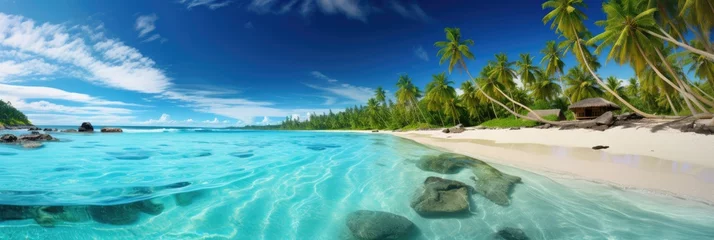 Gordijnen A panoramic view of a tropical beach with turquoise waters and palm trees  © PinkiePie