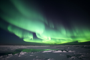 Northern lights over snowy forest background. Generative AI